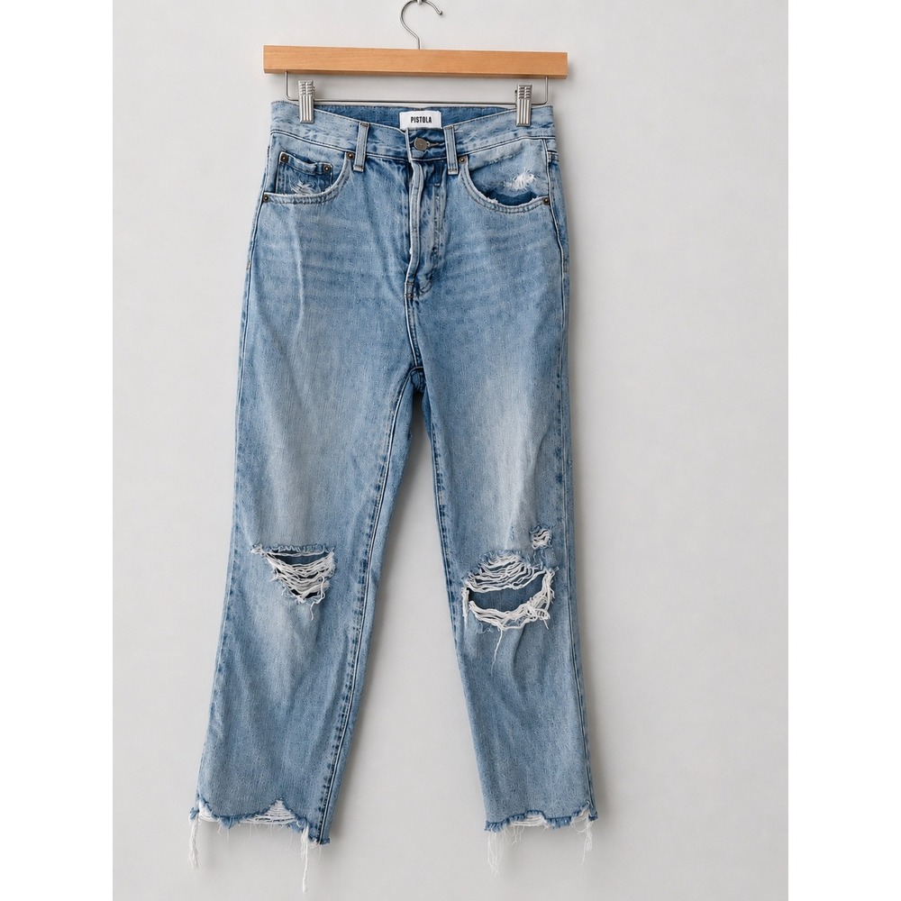 Pistola High Rise Distressed Straight Leg Jeans Light Wash Raw Hem Women 26x26